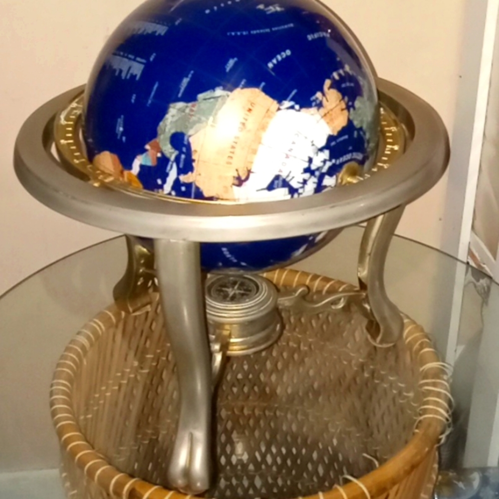 Vintage lapis gemstone world globe with working compass in self contained stand